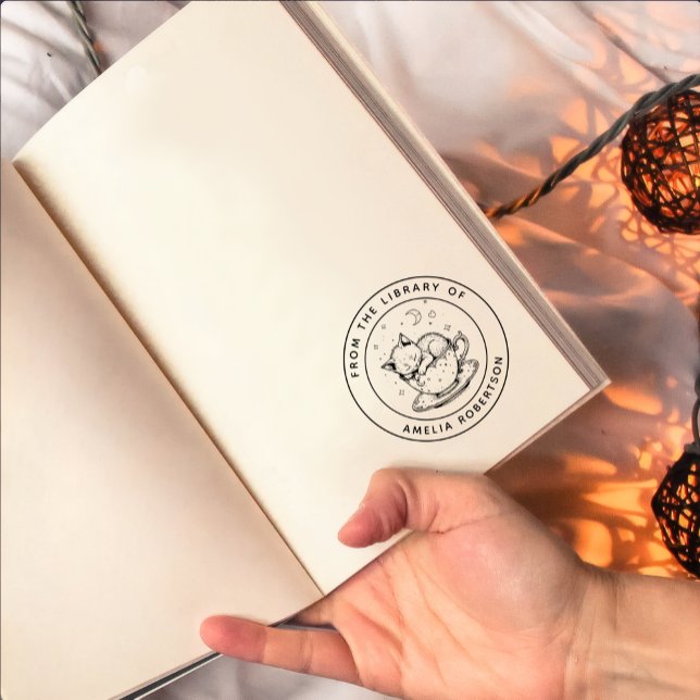 Custom Sleeping Kitten in a Teacup Bookplate Stamp (Creator Uploaded)