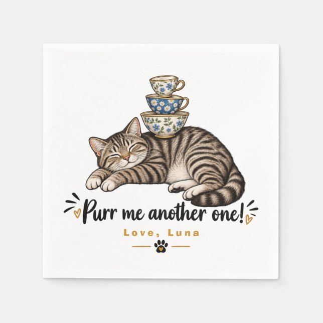 Custom Sleeping Tabby Cat Teacup Stack Art Napkins (Front)