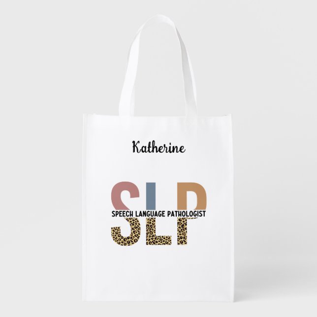 Custom SLP Speech Pathologist Leopard Print Grocery Bag (Front)