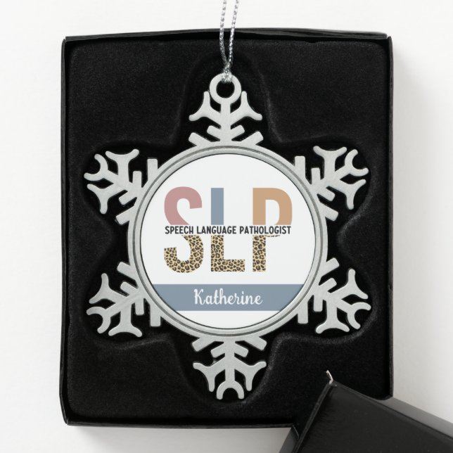 Custom SLP Speech Pathologist Leopard Print Snowflake Pewter Christmas Ornament (Box)