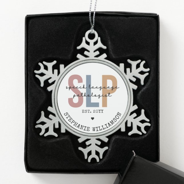 Custom SLP Speech Pathologist Speech Therapist Snowflake Pewter Christmas Ornament (Box)