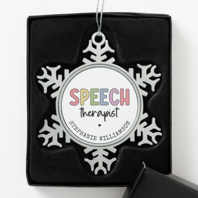 Custom SLP Speech Pathologist Speech Therapist Snowflake Pewter Christmas Ornament (Box)