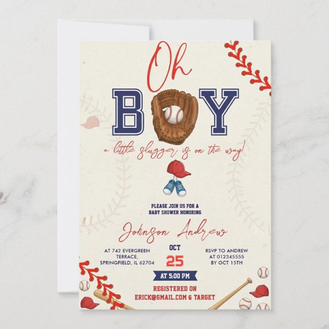 Custom Slumdunk Oh Boy Baseball Baby Shower Bundle Invitation (Front)