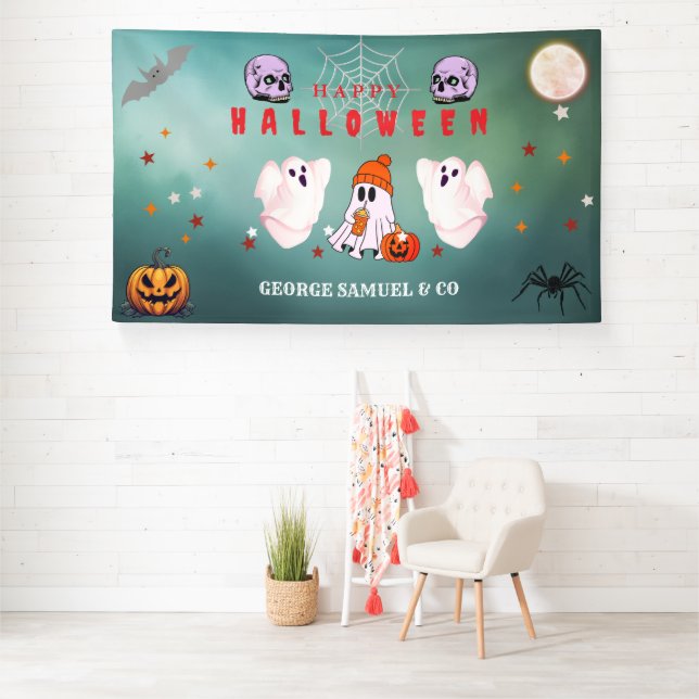 Custom Small Business Logo Halloween Party Banner (Insitu)