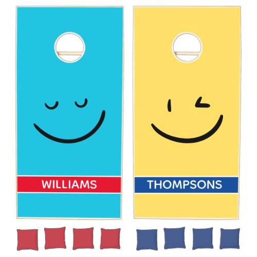 Custom Smileys Farmhouse Family Monogram Name Wood Cornhole Set