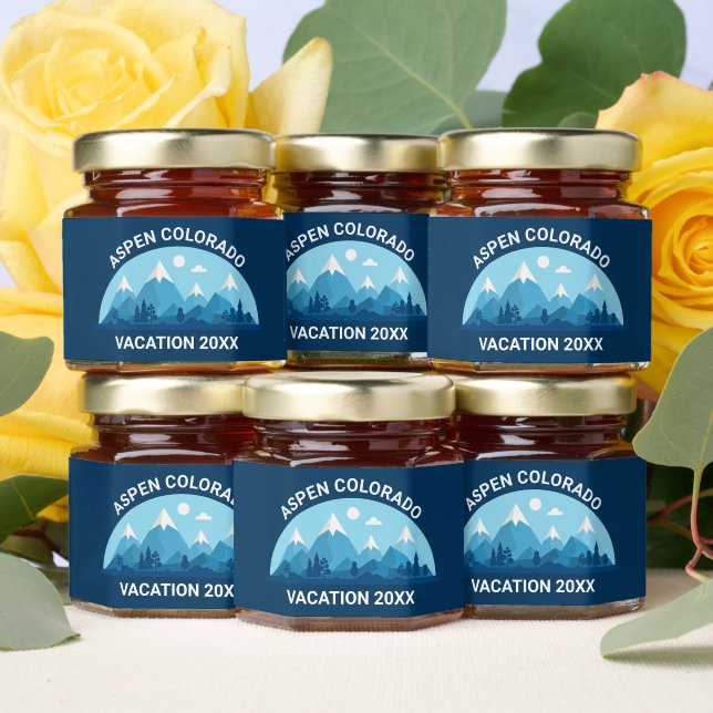 Custom Snow Mountains Blue Ski Lodge Honey Jar Favors (Insitu)