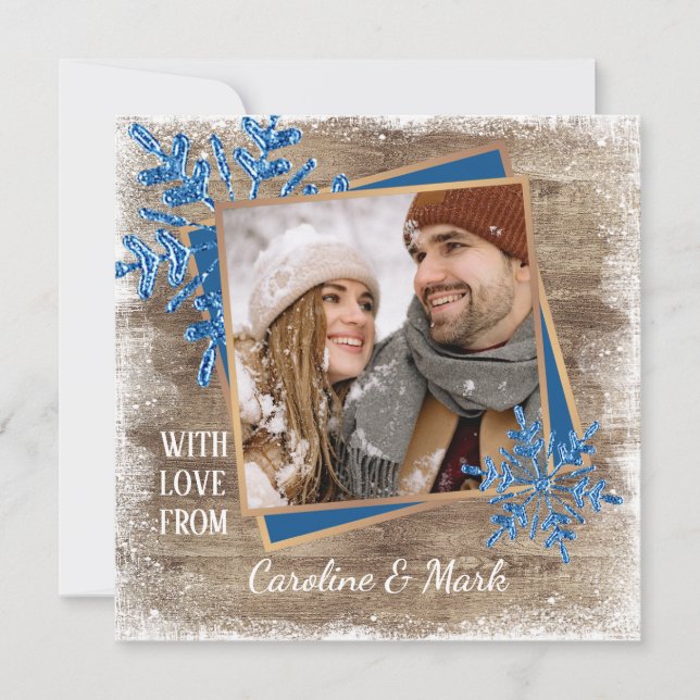 Custom Snowflakes & Barnwood Wooden Planks Pattern Holiday Card (Front)