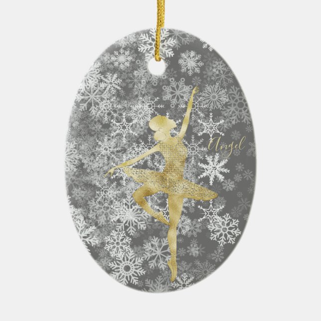 Custom Snowflakes Gold Foil Grey Ballerina Dance  Ceramic Ornament (Front)