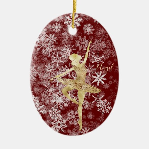 Custom Snowflakes Gold Foil Red Ballerina Dance   Ceramic Ornament