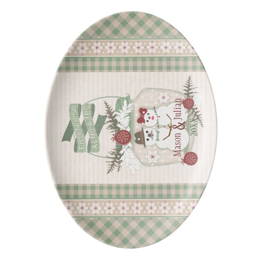 Custom Snowman Couple 1st Christmas Platter (Front Vertical)