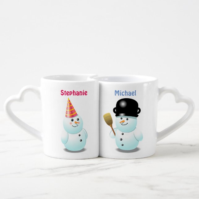 Custom Snowman Couple Cartoon Coffee Mug Set (Back Nesting)