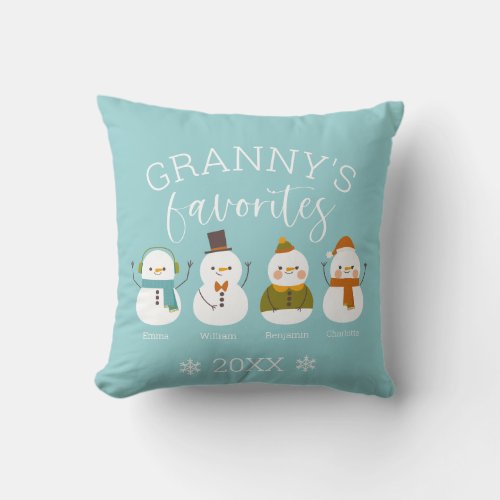 Custom Snowman Family Member Name Throw Pillow