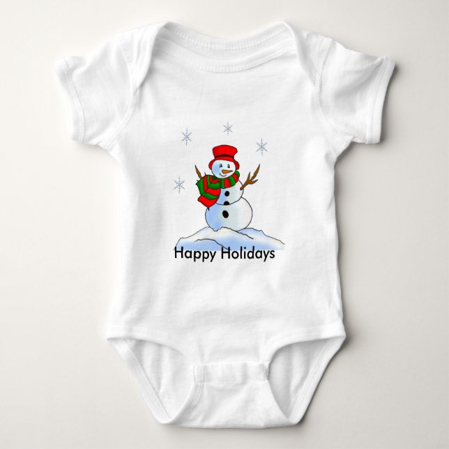 Custom snowman on snow and snowflakes baby bodysuit (Front)