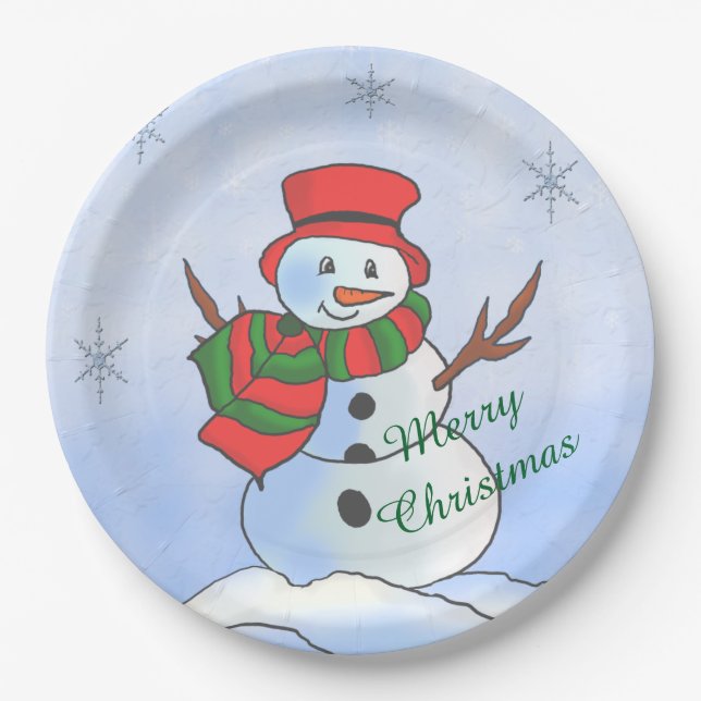 Custom snowman on snow and snowflakes paper plates (Front)