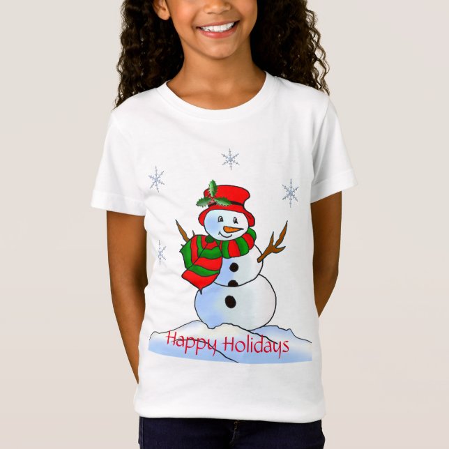 Custom snowman on snow and snowflakes T-Shirt (Front)