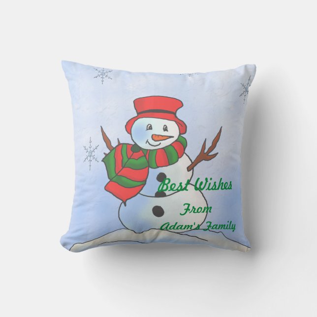 Custom snowman on snow and snowflakes throw pillow (Front)