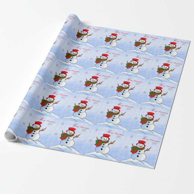Custom snowman on snow and snowflakes wrapping paper (Unrolled)