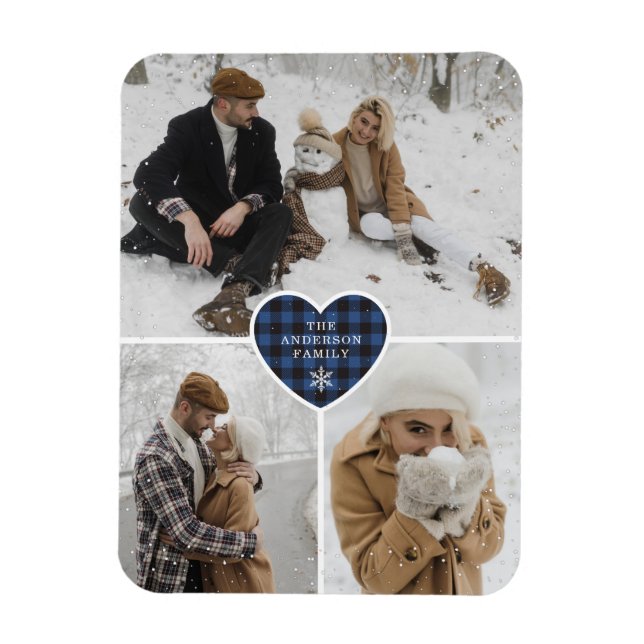 Custom Snowy Blue Buffalo Plaid Photo Christmas Magnet (Vertical)