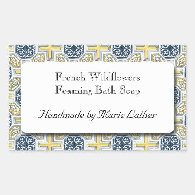 Custom Soap or Craft Yellow Blue Faux Tile Pattern Rectangular Sticker (Front)
