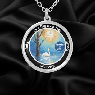 Custom Sobriety Milestone Gift - Swan In Lake Silver Plated Necklace