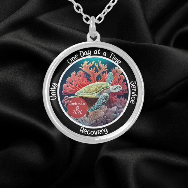 Custom Sobriety Recovery Milestone Gift - Turtle Silver Plated Necklace (Creator Uploaded)