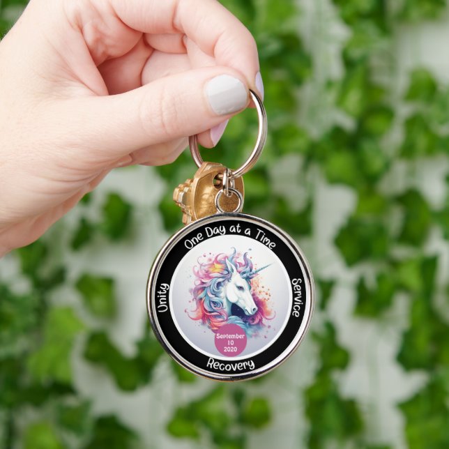 Custom Sobriety Recovery Milestone Gift - Unicorn Keychain (Hand)
