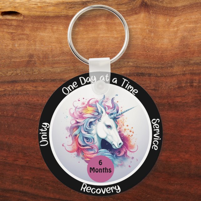 Custom Sobriety Recovery Milestone Gift - Unicorn Keychain (Front)