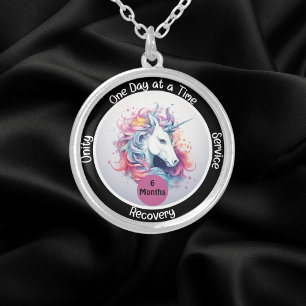 Custom Sobriety Recovery Milestone Gift - Unicorn Silver Plated Necklace