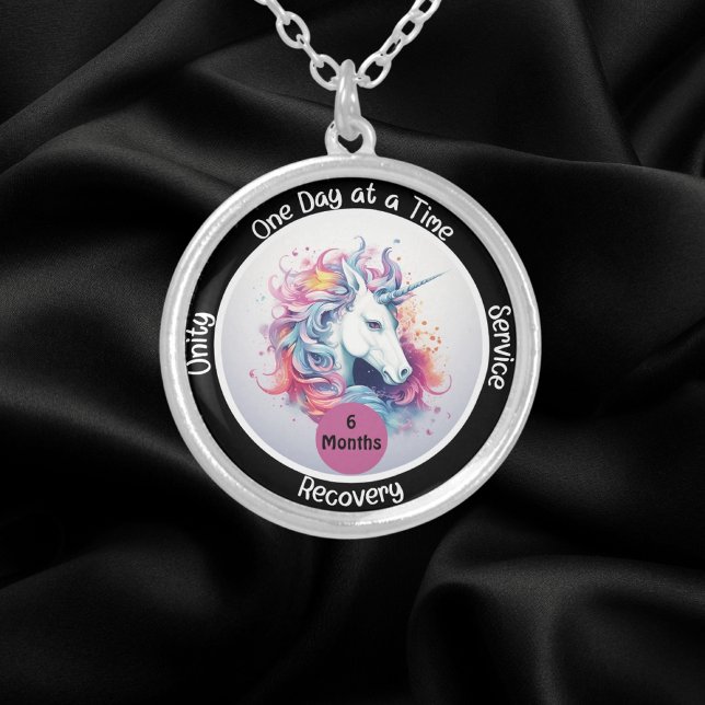 Custom Sobriety Recovery Milestone Gift - Unicorn Silver Plated Necklace (Creator Uploaded)