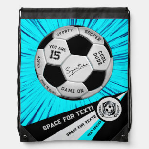 Custom Soccer Ball Name Age Blue Sports Birthday Drawstring Bag