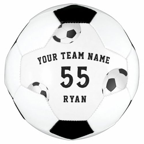 Custom Soccer Ball with Player Team, Name, Number - Custom Soccer Ball with Player Team, Name, Number. The design is in black and white with three soccer balls in the corners. Personalize the soccer ball with the team name, team number and player`s name. The text is black on a white background. Great for a soccer player, soccer lover, as a gift or a keepsake ball.