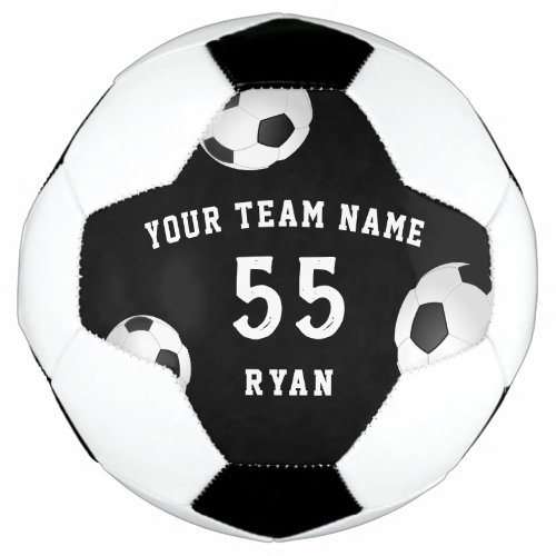 Custom Soccer Ball with Team Name Number - Custom Soccer Ball with Team Name Number. The design is in black and white with three soccer balls in the corners. Personalize the soccer ball with the team name, team number and player`s name. The text is in trendy white color on a black background. Great for a soccer player, soccer lover, as a gift or a keepsake ball.