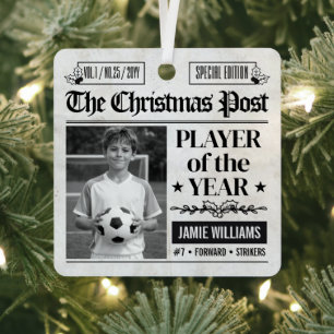 Custom Soccer Christmas Newspaper Photo Metal Ornament