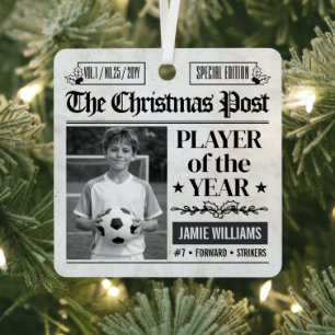Custom Soccer Christmas Newspaper Photo Metal Ornament