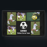 Custom Soccer Photo Collage Name Team Number Banner<br><div class="desc">This custom soccer photo collage features your uploaded soccer photos, a black and white soccer ball and your player's (or coach's) name, team name and number. All set against a colorful background that can be changed to match your team colors. Click on customize and then the small eye dropper. The...</div>