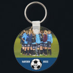 Custom Soccer Photo Collage Name Team Number Keychain<br><div class="desc">This custom soccer photo collage features your uploaded soccer photos, a black and white soccer ball and your player's (or coach's) name, team name and number. All set against a colorful background that can be changed to match your team colors. Click on customize and then the small eye dropper. The...</div>