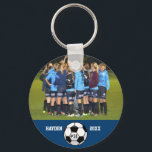 Custom Soccer Photo Collage Name Team Number Keychain<br><div class="desc">This custom soccer photo collage features your uploaded soccer photos, a black and white soccer ball and your player's (or coach's) name, team name and number. All set against a colorful background that can be changed to match your team colors. Click on customize and then the small eye dropper. The...</div>
