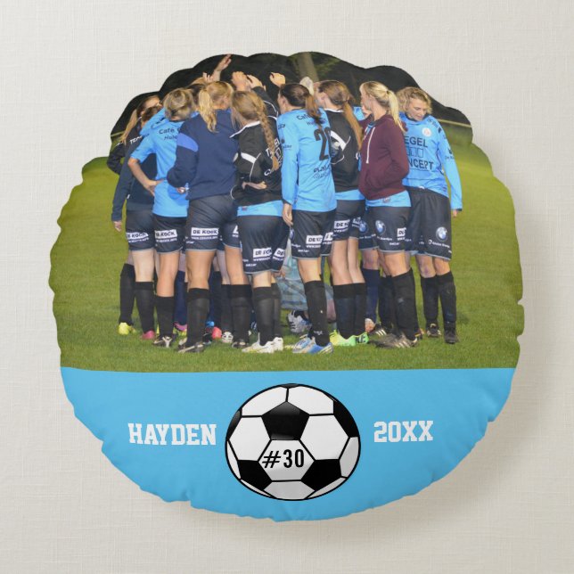 Custom Soccer Photo Collage Name Team Number Round Pillow (Front)
