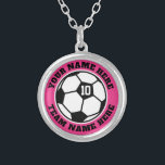 Custom soccer player jersey number team name small silver plated necklace<br><div class="desc">Custom soccer player jersey number team name small Silver Plated Necklace. Personalized sports gift for soccer player,  fan and coach. Pink or custom background color. Sporty presents for girl,  sister,  daughter,  granddaughter,  mom,  friend,  team mate etc.</div>