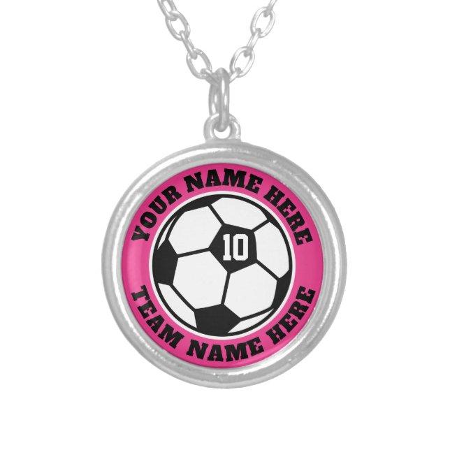 Custom soccer player jersey number team name small silver plated necklace (Front)