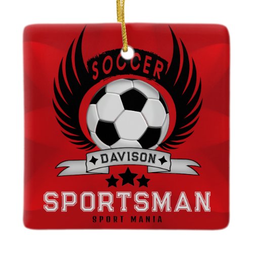 Custom Soccer Sportsman Emblem With Ball And Wings Ceramic Ornament