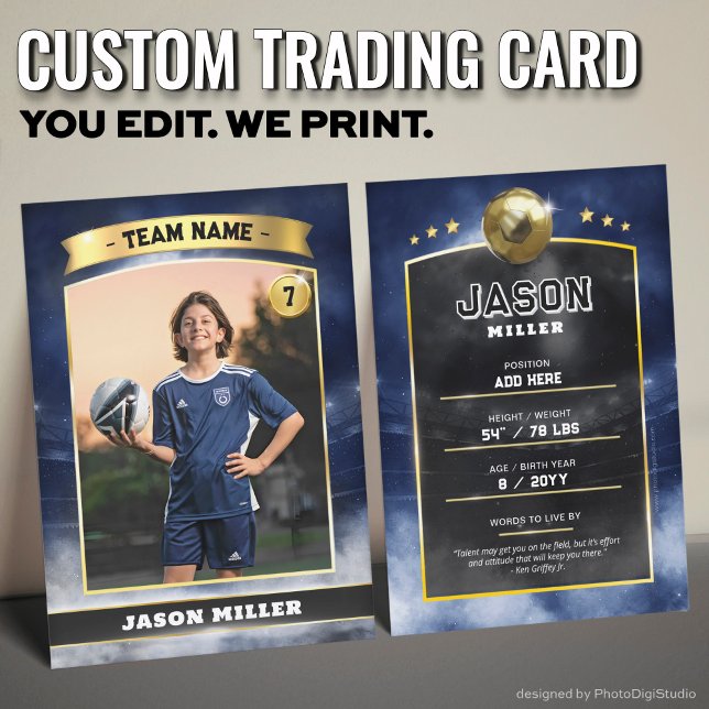 Custom Soccer Trading Card, Blue Gold Stadium Calling Card (Custom Trading Card, Editable Soccer Trading Card, Modern Blue Gold Stadium Design)
