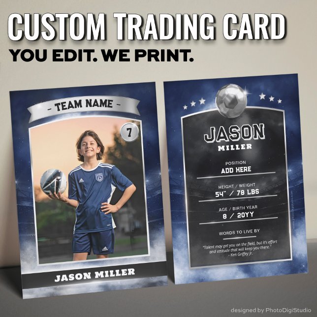 Custom Soccer Trading Card, Blue Silver Stadium Calling Card (Custom Trading Card, Editable Soccer Trading Card, Modern Blue Silver Stadium Design)
