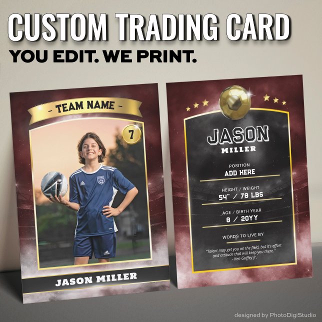 Custom Soccer Trading Card, Red Gold Stadium Calling Card (Custom Trading Card, Editable Soccer Trading Card, Modern Red Gold Stadium Design)