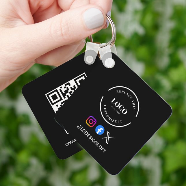 Custom Social Media QR code website logo black Keychain (Custom simple modern black keychain with business logo, social media handle, QR code and website.)