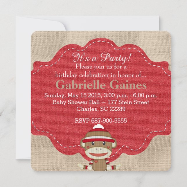 Custom Sock Monkey Birthday Party Invitation (Front)