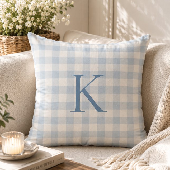 Custom Soft Light Blue Gingham Heirloom Monogram Throw Pillow (Creator Uploaded)
