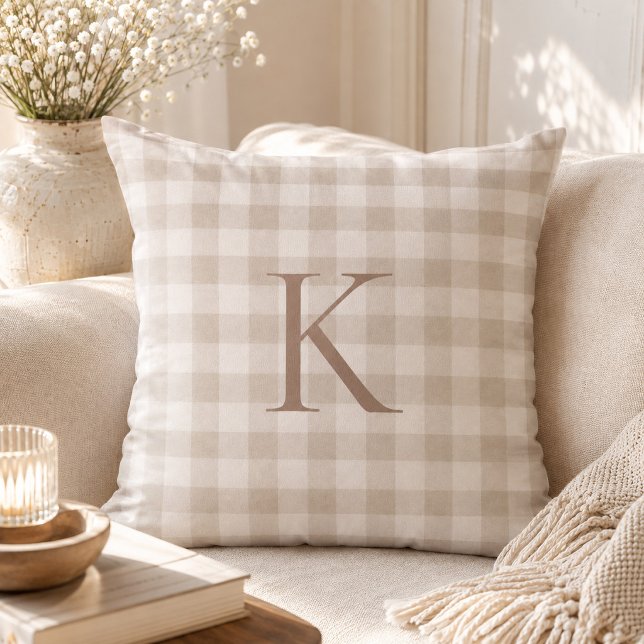 Custom Soft Neutral Gingham Heirloom Monogram Throw Pillow (Creator Uploaded)