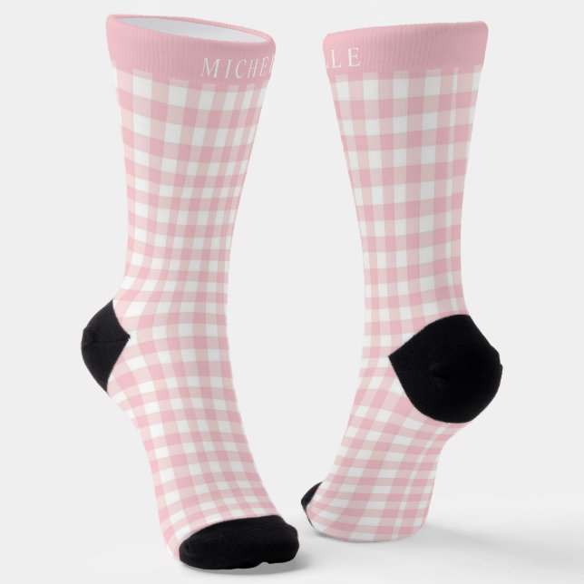 Custom Soft Pastel Pink White Checkered Pattern Socks (Angled)