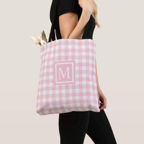 Custom Soft Pastel Pink White Checkered Pattern Tote Bag